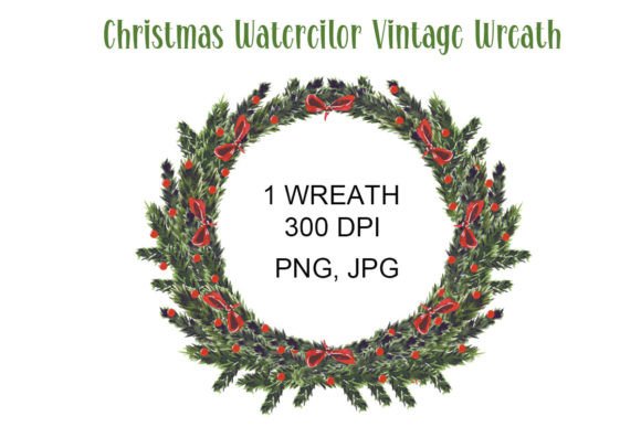 Christmas Watercolor Vintage Wreath: Premium Illustrations