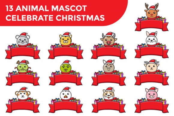 Cute Christmas Animal Mascot with Ribbon Illustrations