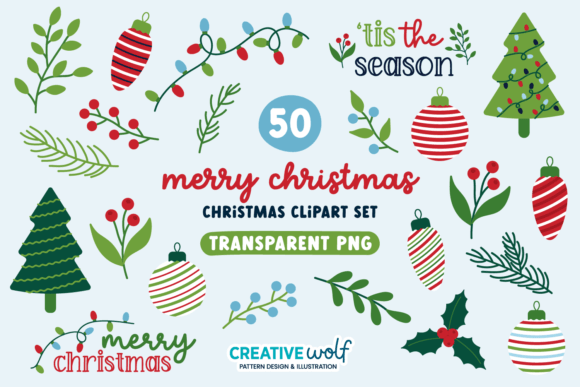 Merry Christmas Set of 50 Clipart: Premium Illustrations