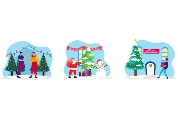 Night Christmas in City Flat Design: Festive Illustrations