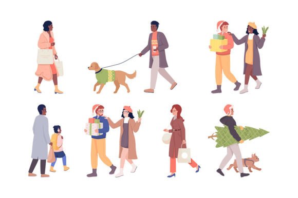 People Getting Ready for Christmas Set: Festive Illustrations