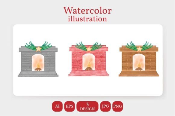 Watercolor Christmas Fireplace: Festive Illustrations